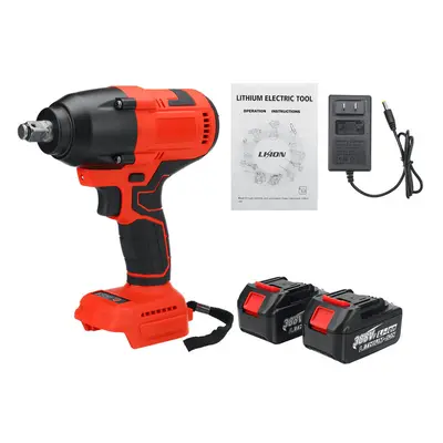 (Two Batteries, US Plug) 1200N.M 388VF 1/2 Inch Electric Impact Wrench Brushless Wrench Recharge