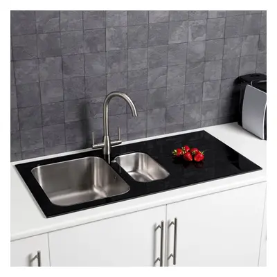 Sauber Kitchen Sink 1.5 Bowl RH Drainer Black Glass Stainless Steel Inset Waste