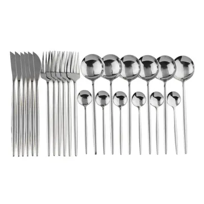 (Silver, 1) 24pcs Stainless Steel Cutlery Set Fork Knife Spoon Tableware Flatware