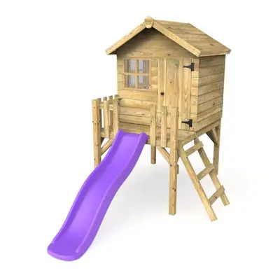 (Purple) Rebo Orchard 4FT x 4FT Wooden Playhouse On 900mm Deck + 6FT Slide Swan