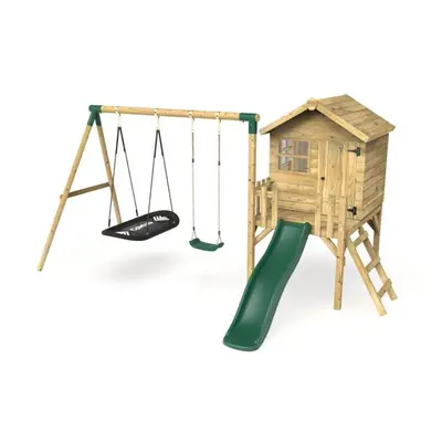 (Green) Rebo Orchard 4ft x 4ft Wooden Playhouse with Standard Swing, Boat Swing, 900mm Deck and 