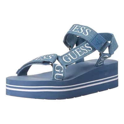 GUESS womens Avin Wedge Sandal Blue+white Denim US