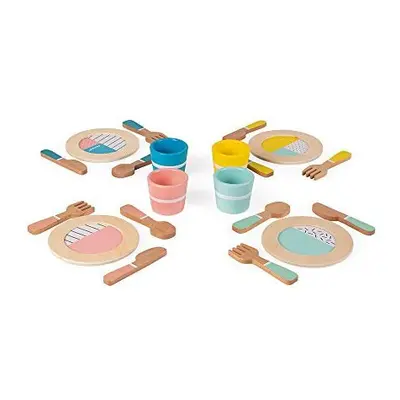 Janod - Wooden 20-Pieces Dinner Set, Retro Design - Imitation Game - Cooking Game - Teaches Fine