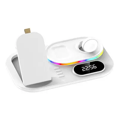 (White, for Samsung) 15W 4-in-1 Wireless Charger with Clock & RGB Lights for iPhone, Samsung, Ai