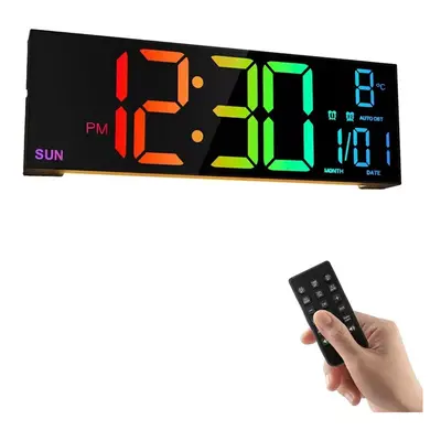 (Black) 16" LED Digital Wall Clock with Remote, RGB Display, Auto Brightness, Date, Temperature 