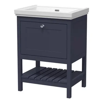 Traditional Furniture Floor Standing Drawer Vanity & Tap Hole Fireclay Basin, 600mm, Indigo Blue