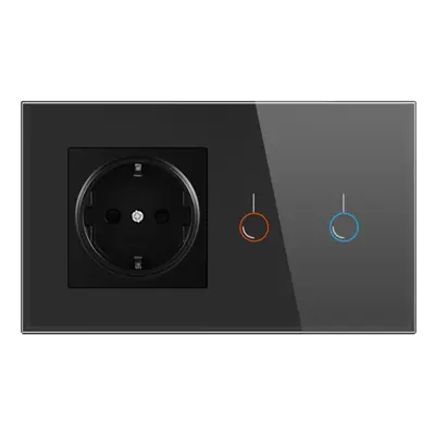 (Black) Touch Sensor Switch with Socket Crystal Glass Panel 146*86mm Wall Socket with Light Swit