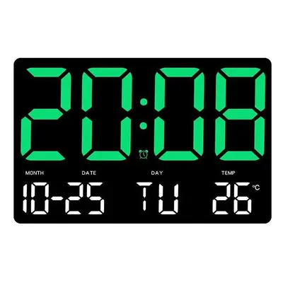 (Green) Large Digital Wall Clock with LED Display, Adjustable Brightness, Indoor Temperature, Da