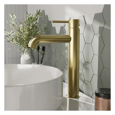 Round Minimalist Tall Mono Basin Mixer Tap - Brushed Brass