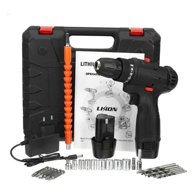 (UK Plug) 12V LED Cordless Electric Impact Hammer Drill Rechargeable Screwdriver W/ 2pcs Battery