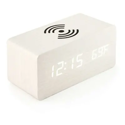 (White) LED Digital Alarm Clock Creative Multi-functional Wireless Charging Wooden Snooze Clock