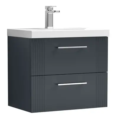 Retro Drawer Wall Hung Vanity Unit with Thin-Edge Tap Hole Ceramic Basin - 600mm - Satin Soft Bl