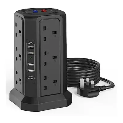 Tower Extension Lead with USB Slots 1.8M and 18W USB C Fast Charger, (13A 3250W) USB Ports and W