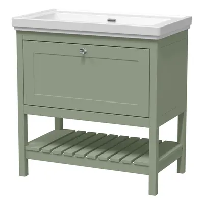 Traditional Furniture Floor Standing Drawer Vanity & Tap Hole Fireclay Basin, 800mm, Fern Green