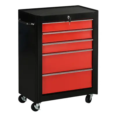 HOMCOM 5-Drawer Lockable Steel Tool Storage Cabinet Wheels Handle Keys Red