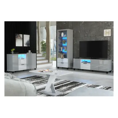 (White LED Lights ) Furneo Living Room Set TV Stand Display Cabinet Sideboard Coffee Table Grey 