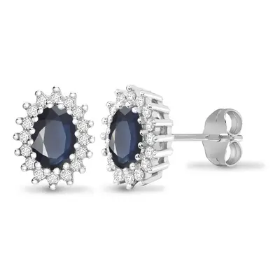 Jewelco London 9ct White Gold Cluster Set Round H I2 0.25ct Diamond and Oval Blue 1.1ct Sapphire