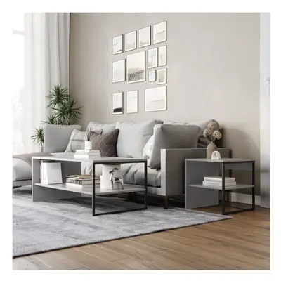 (Grey) 100cm Steel Frame Wooden Coffee Table & 2pc 40cm Sofa Side End Table