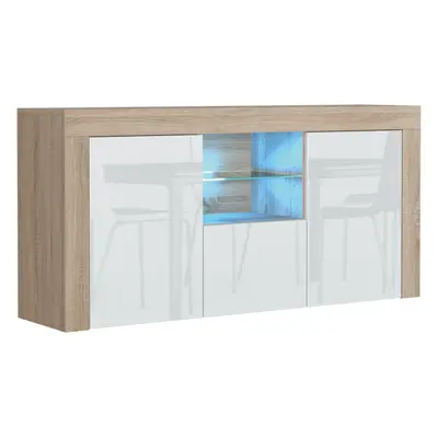 (Oak & White) Sideboard 145cm LED Gloss Doors - Mex Furniture