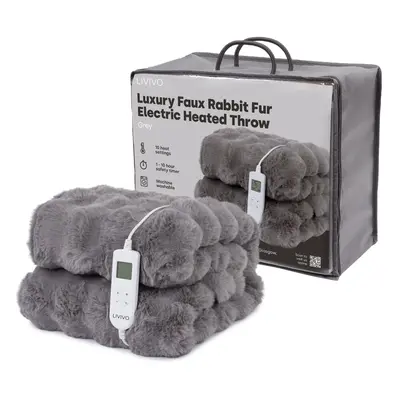 (Grey) LIVIVO Luxury Faux Rabbit Fur Electric Heated Throw