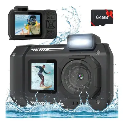 33FT 4K Waterproof Underwater Camera, 65MP Dual-Screen Selfie, Rugged Dustproof Shockproof, 64GB