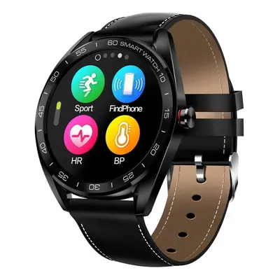 (Black-Leather) Full Touch Color Screen Smart Watch Multi Function Business Style HR and Blood P