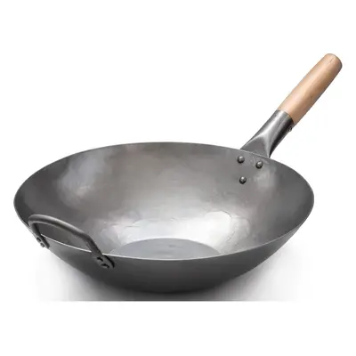 (14-inch) Flat Hand Hammered Carbon Steel Pow Wok with Wooden and Steel Helper Handle (14 Inch, 