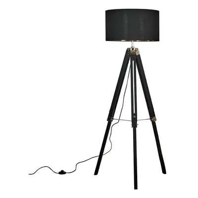 Modern Black Wood and Silver Chrome Tripod Floor Lamp with a Black/Gold Drum Shade - Complete wi