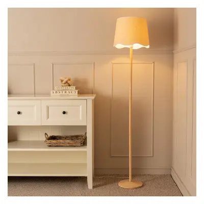 ValueLights Triston Wooden Floor Lamp with Scallop White Trim Shade