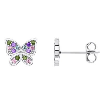 Jewelco London Ladies Rhodium Plated Sterling Silver Pink Green Lilac CZ Light Pastel Butterfly 