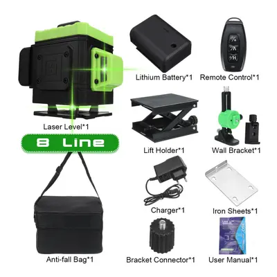 (8 line) 16/12/8 Line 4D Horizontal Vertical Cross Green Light Laser Level Self-Leveling Measure