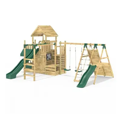 Rebo Modular Wooden Climbing Frame Playset - M27 Double Swing, Monkey Bars & Den