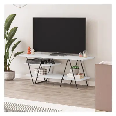 FWStyle TV Unit Tier Matt White Scratch Resistant Modern Black Metal Frame