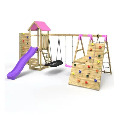 (San Luis+ Pink) Rebo Wooden Climbing Frame with Vertical Rock Wall, Swing Set and Slide