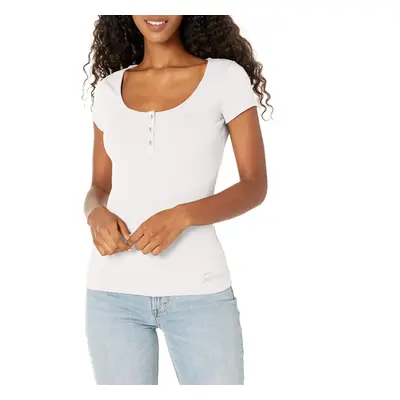 GUESS Women's Short Sleeve Karlee Jewel Henley Pure White Medium