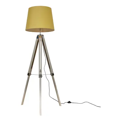 Modern Distressed Wood and Silver Chrome Tripod Floor Lamp with a Mustard Tapered Light Shade