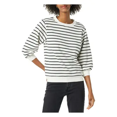 Women's French Terry Fleece Sleeve Detail Crewneck Sweatshirt, White/Black, Stripe, Small