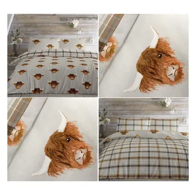 Highland Cow Tartan Check Super King Duvet Quilt Cover Reversible Bedding Set