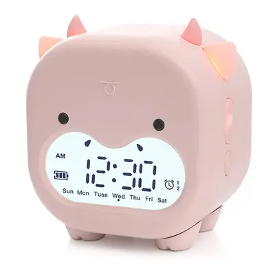 (Pink) Timing Cow Shape Alarm Clock Digital Creative Electronic Clock Children's Student Voice R