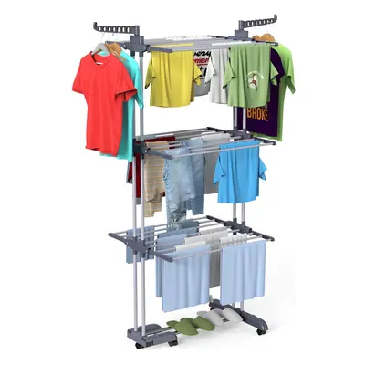 (Grey-upgrade) Clothes Drying Rack Tiers Large Foldable Base Rolling Stainless Steel Drying Rack