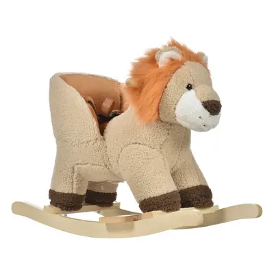 HOMCOM Kids Rocking Lion Plush Ride On Seat w/ Sound Button Wood Base Seat Belt