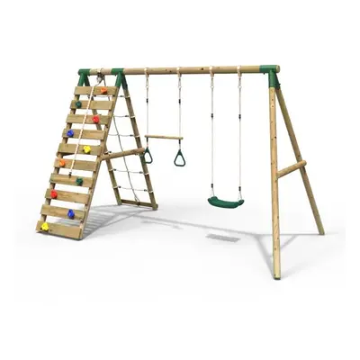 (Savannah, Green) Rebo Wooden Swing Set with Up and Over Climbing Wall