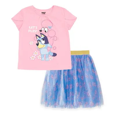 Bluey Coco Floral Toddler Girls T-Shirt and Tulle Mesh Skirt Pink/Blue