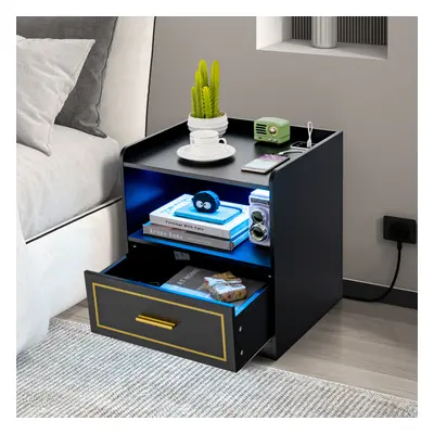 Bedside Table LED Light Sofa End Table W/ Drawer & Charge Station