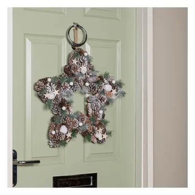 45cm Frosted Hanging Christmas Star Wreath with Pine Cones & Wooden Stars