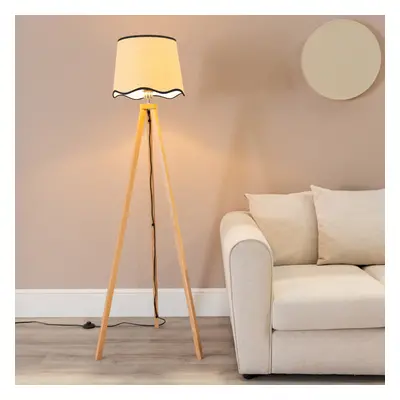 ValueLights Barbro Light Wood Scallop Black Edge Shade Floor Lamp