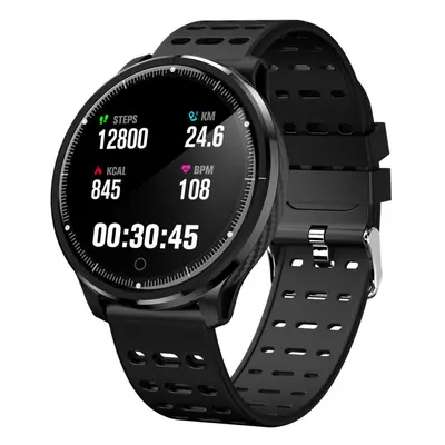 (Black) 2.5D Mirror IP68 Blood Pressure Oxygen Sport Modes Bluetooth Music Weather Smart Watch