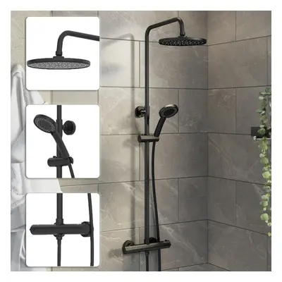 Bathroom Mixer Shower Thermostatic Dual Head Round Rainfall Head Handset Black