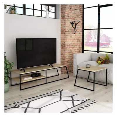 FWStyle Natural Oak TV Unit Sofa Table Set Modern Modular Design Black Metal