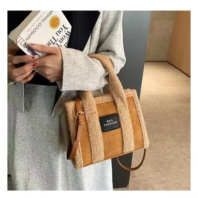 Warm Lamb Wool Handbag Cross Body Bag For Winter Square Tote Bag With Removable Strap